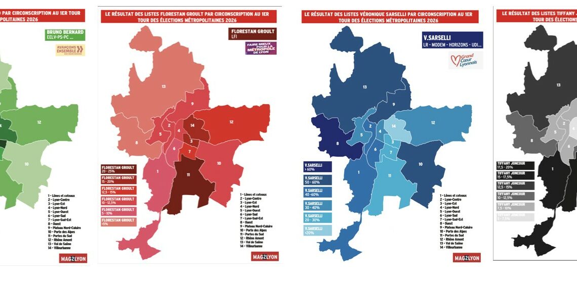 Métropole de Lyon : les listes au 2nd tour par circonscription et les cartes du 1er tour
